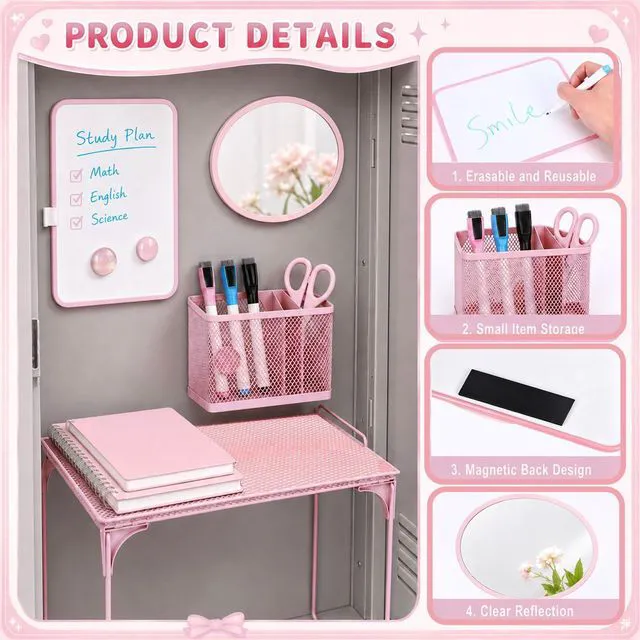Alt view image 5 of 7 - Pink Locker Accessories for Girls 11 Pcs Back to School Locker Decoration Supplies with Shelf Magnetic Mirror Whiteboard Pen Holder Magnets Locker Organizer Set for School Office
