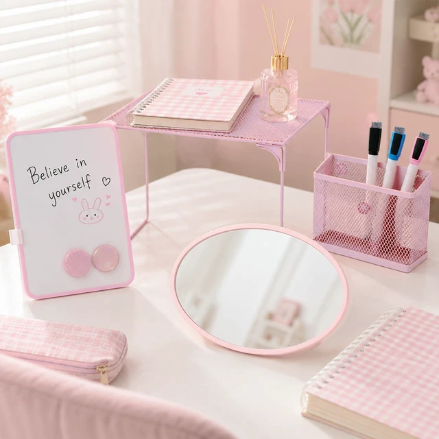 Alt view image 7 of 7 - Pink Locker Accessories for Girls 11 Pcs Back to School Locker Decoration Supplies with Shelf Magnetic Mirror Whiteboard Pen Holder Magnets Locker Organizer Set for School Office