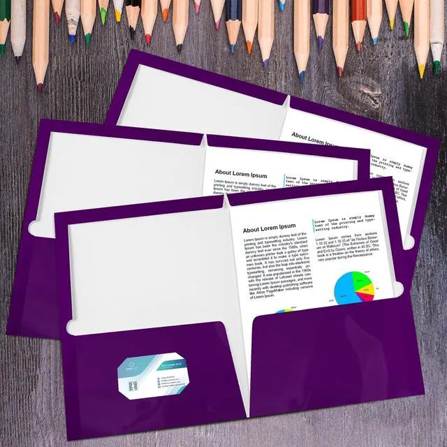Alt view image 5 of 5 - 100 Pack Glossy 2 Pocket Folders Bulk, Letter Size,Purple Back to School Ready: Laminated Paper Holds up to 50 Sheets Each for Classroom Handouts, Presentations and Office Documents