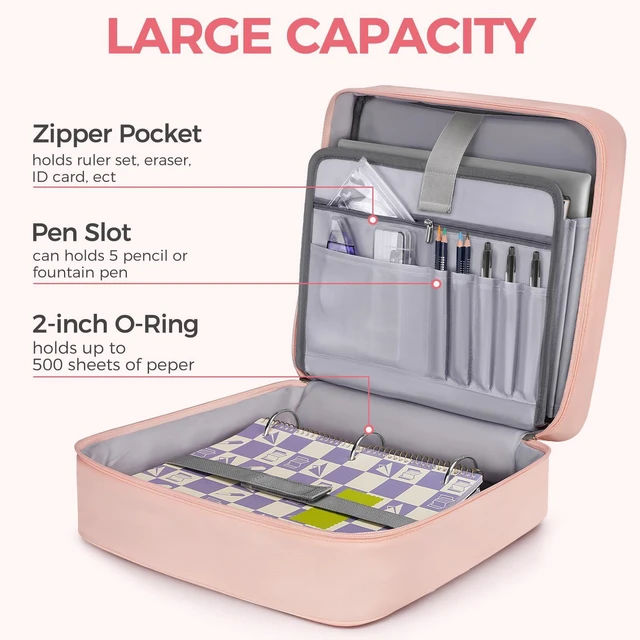 Alt view image 2 of 7 - Zipper Binder Bag, 2 Inch 3 Ring Binder with Zipper Fit 14 Inch Laptop, 500 Sheets Capacity Zippered Binders with Shoulder Strap & Removable O-Ring Pad for Middle School Student Girls, Pink