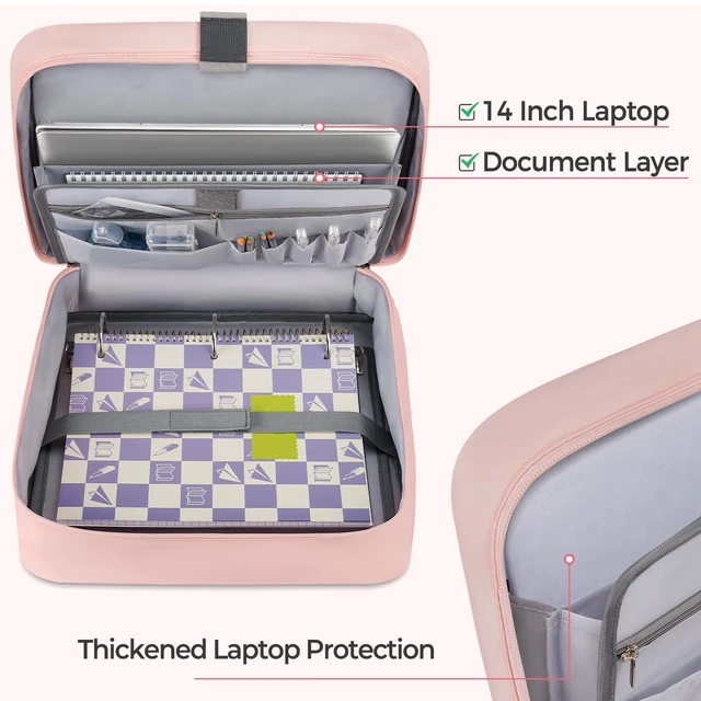 Alt view image 3 of 7 - Zipper Binder Bag, 2 Inch 3 Ring Binder with Zipper Fit 14 Inch Laptop, 500 Sheets Capacity Zippered Binders with Shoulder Strap & Removable O-Ring Pad for Middle School Student Girls, Pink