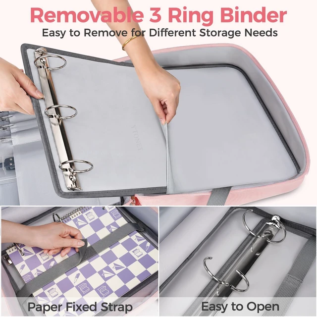 Alt view image 4 of 7 - Zipper Binder Bag, 2 Inch 3 Ring Binder with Zipper Fit 14 Inch Laptop, 500 Sheets Capacity Zippered Binders with Shoulder Strap & Removable O-Ring Pad for Middle School Student Girls, Pink