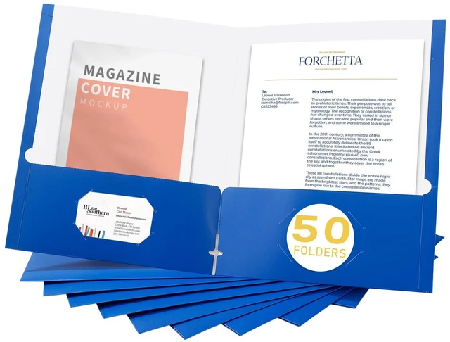 Main image of File folders with Pockets,Blue Two folders for documents,50 Pack Paper Folders with Card Slot,Letter Size,School Students,Business,Home and Office Workers
