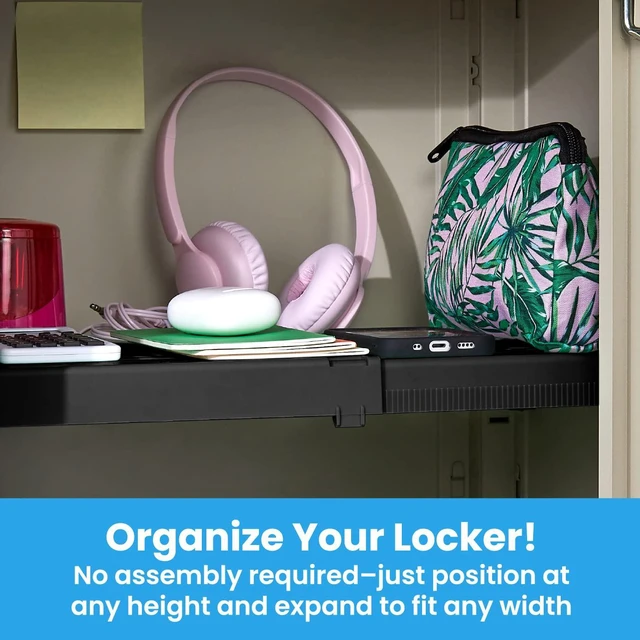 Alt view image 2 of 3 - Adjust-A-Shelf Locker Shelf, Extends to Fit Your Locker, Easy to Use, Perfect for School, Office, Gym, Black, 2-Pack