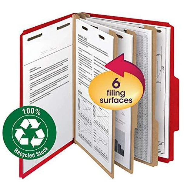 Alt view image 2 of 7 - Value Filing 100% Recycled Pressboard Classification File Folder, 2 Dividers, 2" Expansion, Letter Size, Bright Red, 10 per Box