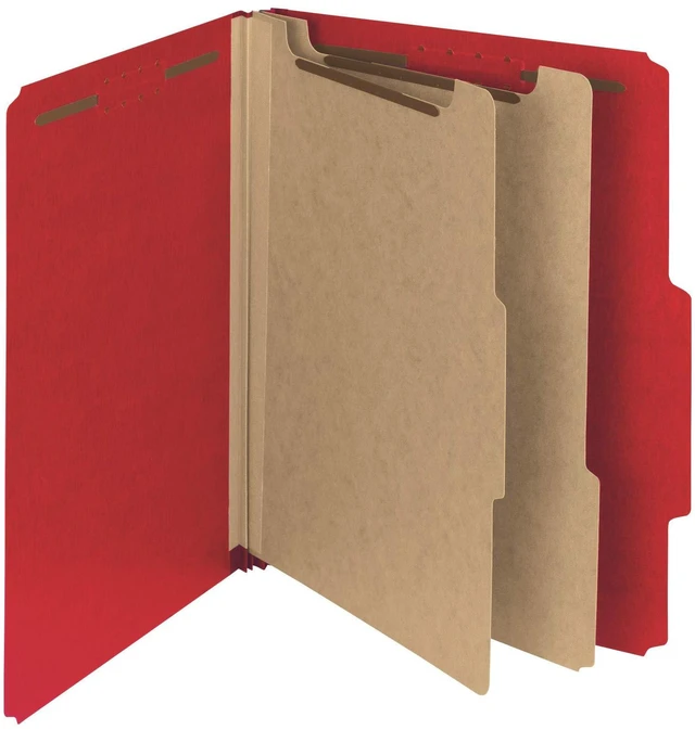 Main image of Value Filing 100% Recycled Pressboard Classification File Folder, 2 Dividers, 2" Expansion, Letter Size, Bright Red, 10 per Box