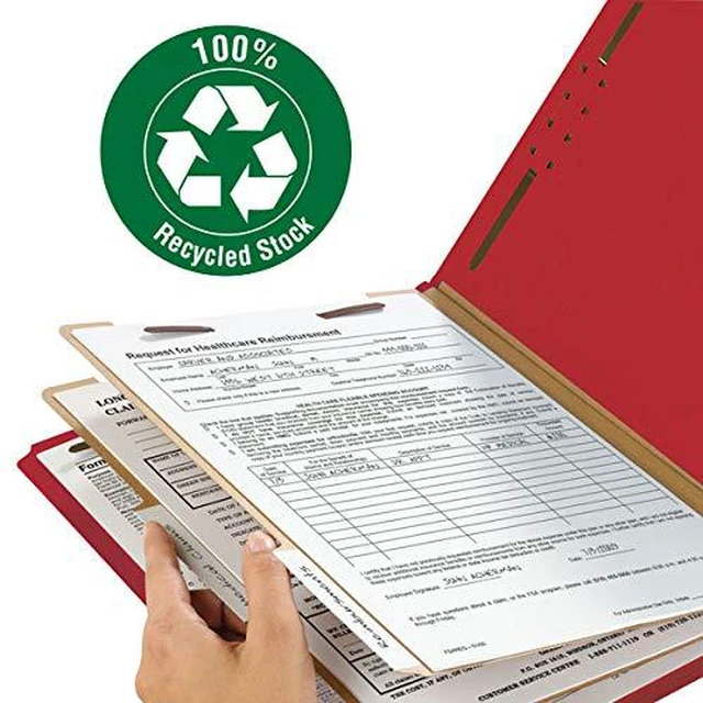 Alt view image 4 of 7 - Value Filing 100% Recycled Pressboard Classification File Folder, 2 Dividers, 2" Expansion, Letter Size, Bright Red, 10 per Box