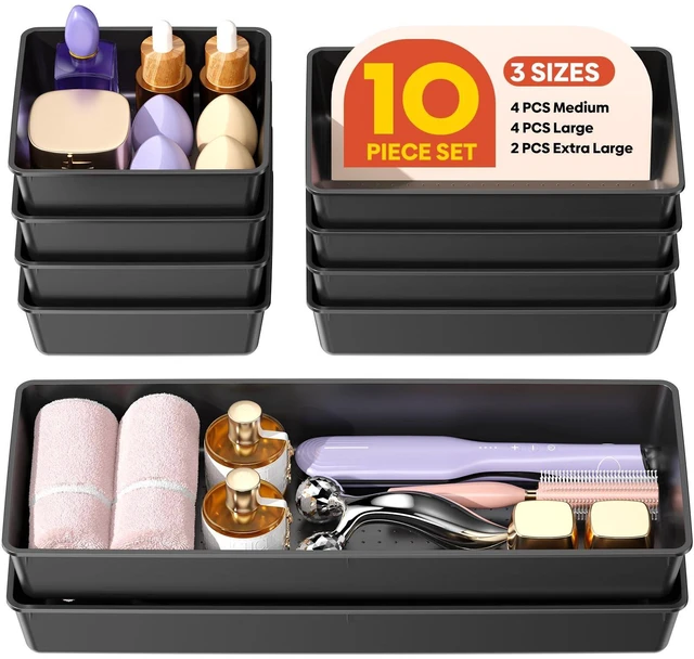 Main image of 10 Pack Large Size Plastic Drawer Organizers Set, 3 Sizes Desk Drawer Organizer Trays, Storage Bins for Vanity, Makeup, Bathroom, Kitchen Utensils and Office (Black)