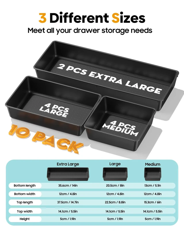 Alt view image 2 of 7 - 10 Pack Large Size Plastic Drawer Organizers Set, 3 Sizes Desk Drawer Organizer Trays, Storage Bins for Vanity, Makeup, Bathroom, Kitchen Utensils and Office (Black)