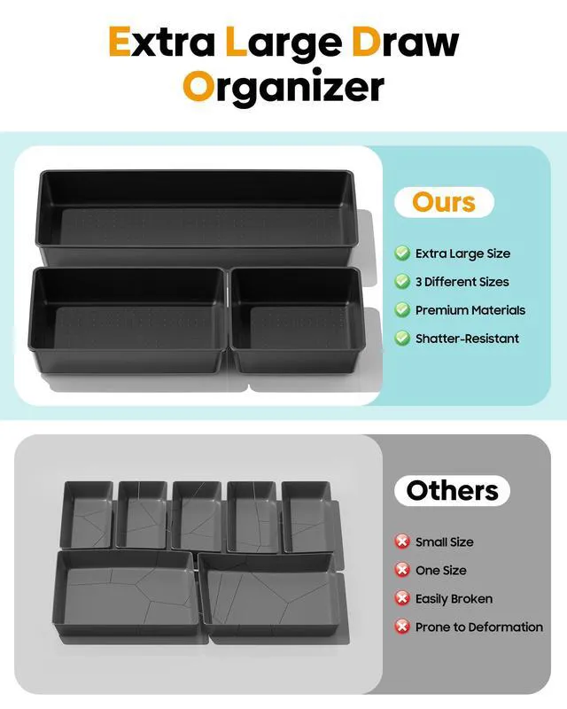 Alt view image 3 of 7 - 10 Pack Large Size Plastic Drawer Organizers Set, 3 Sizes Desk Drawer Organizer Trays, Storage Bins for Vanity, Makeup, Bathroom, Kitchen Utensils and Office (Black)
