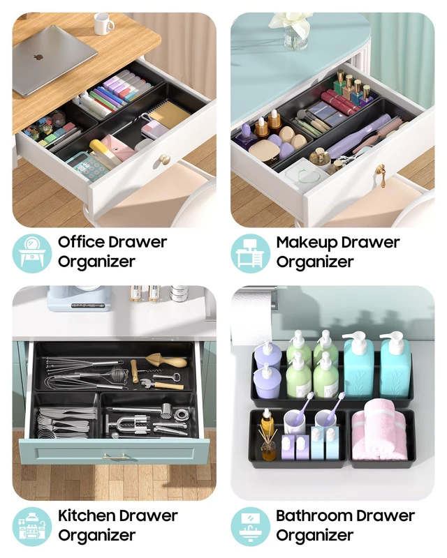 Alt view image 5 of 7 - 10 Pack Large Size Plastic Drawer Organizers Set, 3 Sizes Desk Drawer Organizer Trays, Storage Bins for Vanity, Makeup, Bathroom, Kitchen Utensils and Office (Black)