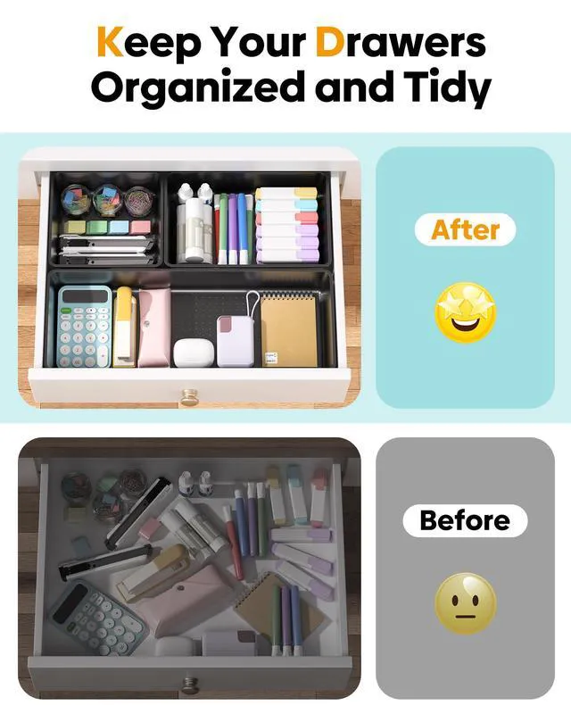 Alt view image 4 of 7 - 10 Pack Large Size Plastic Drawer Organizers Set, 3 Sizes Desk Drawer Organizer Trays, Storage Bins for Vanity, Makeup, Bathroom, Kitchen Utensils and Office (Black)
