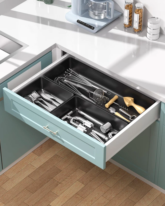 Alt view image 6 of 7 - 10 Pack Large Size Plastic Drawer Organizers Set, 3 Sizes Desk Drawer Organizer Trays, Storage Bins for Vanity, Makeup, Bathroom, Kitchen Utensils and Office (Black)