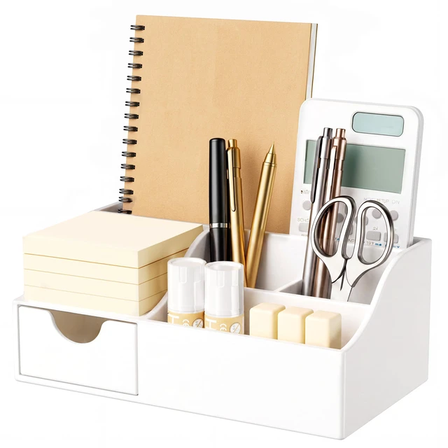 Main image of Acrylic Desk Organizer with Drawer, Pen & Pencil Holder, Multifunctional Desktop Caddy for Office Supply and Organization (White)