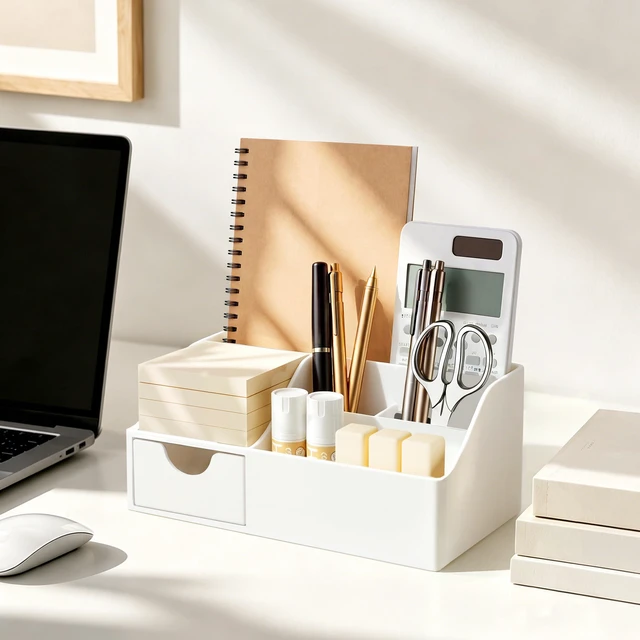Alt view image 5 of 7 - Acrylic Desk Organizer with Drawer, Pen & Pencil Holder, Multifunctional Desktop Caddy for Office Supply and Organization (White)