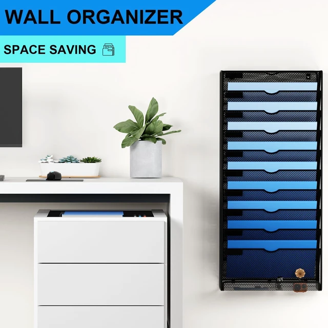 Alt view image 2 of 7 - Hanging Wall File Organizer 10 Tier Wall Mounted File Holder Document Wall Organizer Magazine Organization for Office Home, Black