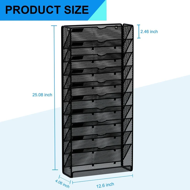 Alt view image 3 of 7 - Hanging Wall File Organizer 10 Tier Wall Mounted File Holder Document Wall Organizer Magazine Organization for Office Home, Black