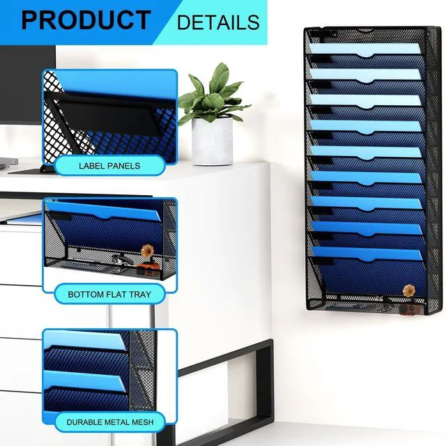 Alt view image 4 of 7 - Hanging Wall File Organizer 10 Tier Wall Mounted File Holder Document Wall Organizer Magazine Organization for Office Home, Black