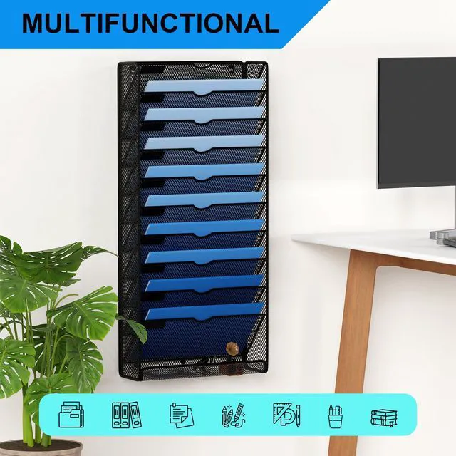 Alt view image 6 of 7 - Hanging Wall File Organizer 10 Tier Wall Mounted File Holder Document Wall Organizer Magazine Organization for Office Home, Black