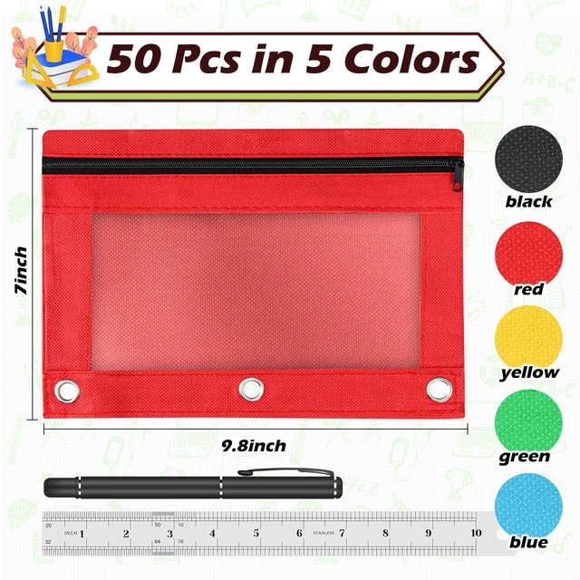 Alt view image 2 of 6 - Pencil Pouch for 3 Ring Binder, 50 Piece Bulk 3 Holes Zipper Pencil Pouches in 5 Assorted Colors, Clear Durable Pencil Case for School, Classroom, Office Supplies