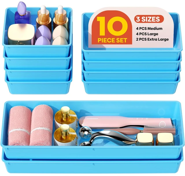Main image of 10 Pack Large Size Plastic Drawer Organizers Set, 3 Sizes Desk Drawer Organizer Trays, Storage Bins for Vanity, Makeup, Bathroom, Kitchen Utensils and Office (Blue)
