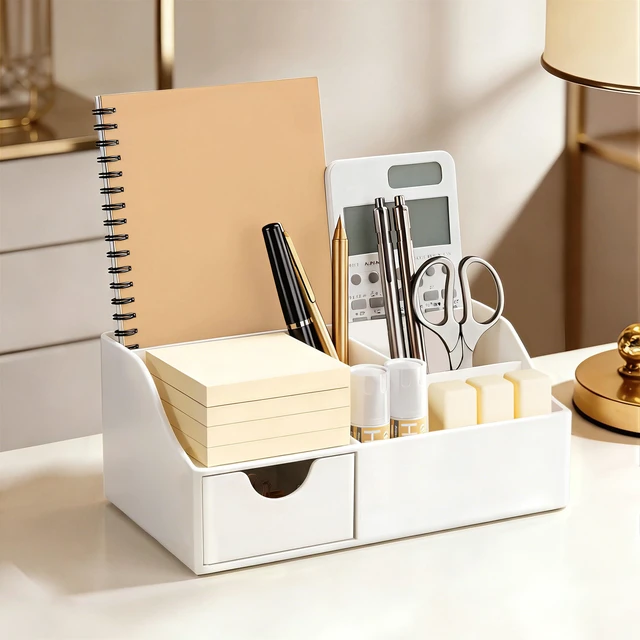 Alt view image 6 of 7 - Acrylic Desk Organizer with Drawer, Pen & Pencil Holder, Multifunctional Desktop Caddy for Office Supply and Organization (White)