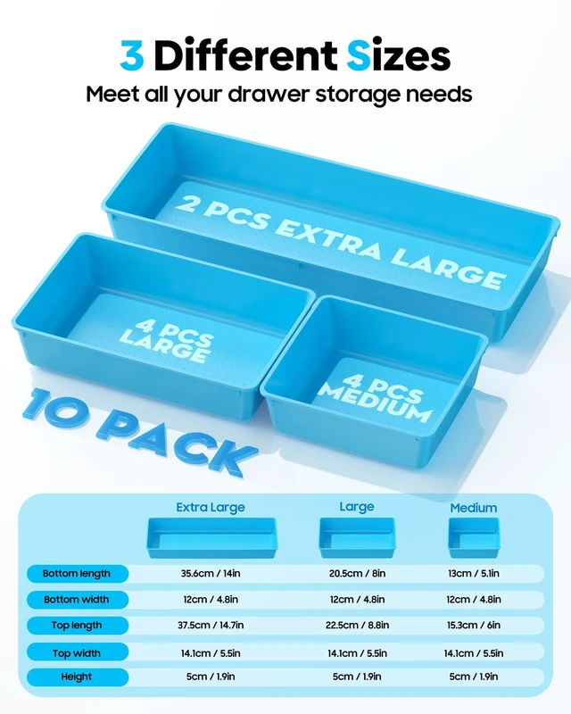 Alt view image 2 of 7 - 10 Pack Large Size Plastic Drawer Organizers Set, 3 Sizes Desk Drawer Organizer Trays, Storage Bins for Vanity, Makeup, Bathroom, Kitchen Utensils and Office (Blue)