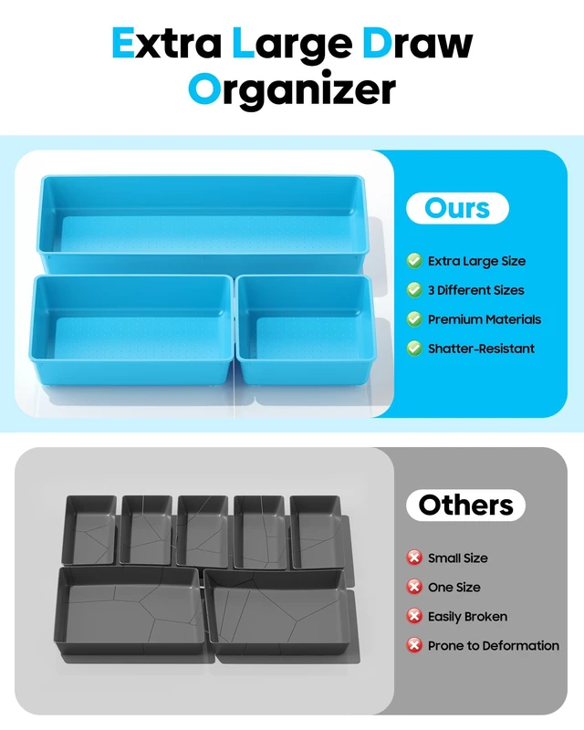 Alt view image 3 of 7 - 10 Pack Large Size Plastic Drawer Organizers Set, 3 Sizes Desk Drawer Organizer Trays, Storage Bins for Vanity, Makeup, Bathroom, Kitchen Utensils and Office (Blue)
