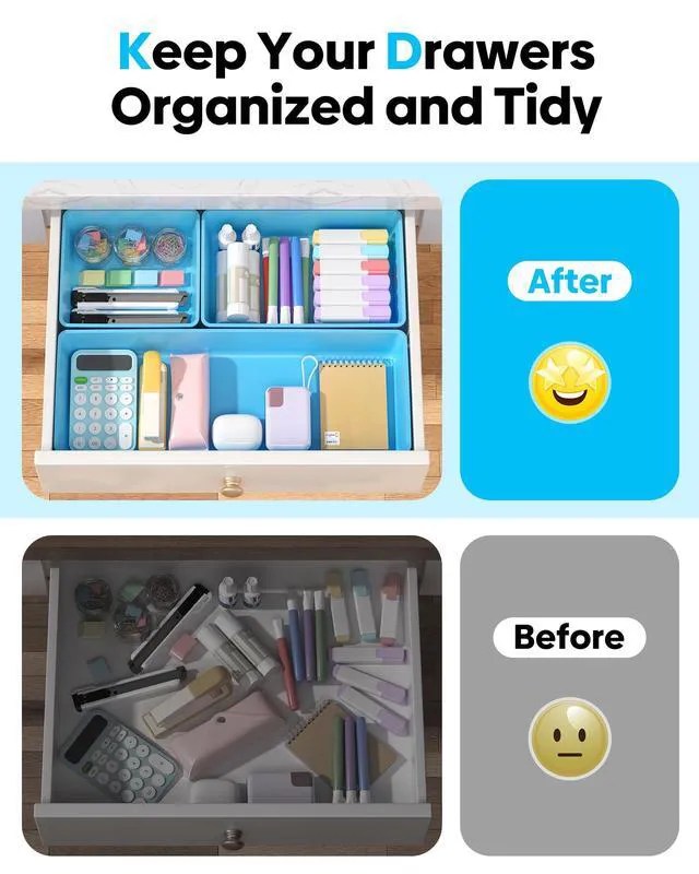 Alt view image 4 of 7 - 10 Pack Large Size Plastic Drawer Organizers Set, 3 Sizes Desk Drawer Organizer Trays, Storage Bins for Vanity, Makeup, Bathroom, Kitchen Utensils and Office (Blue)