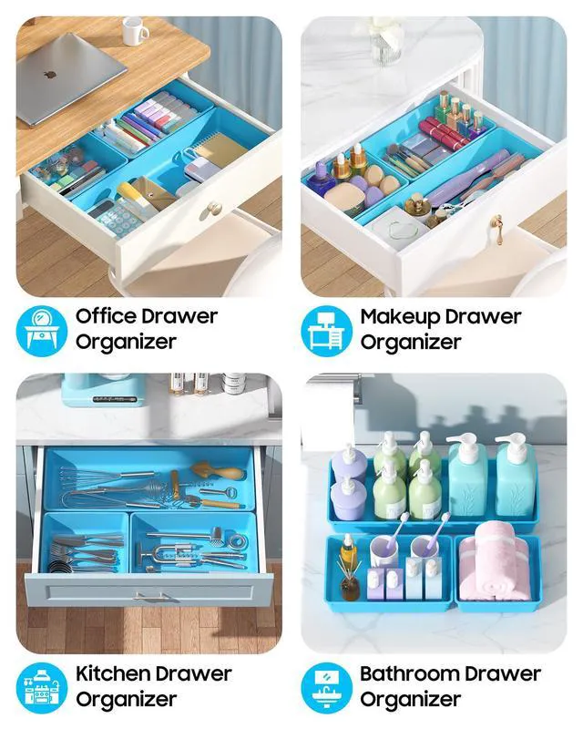 Alt view image 5 of 7 - 10 Pack Large Size Plastic Drawer Organizers Set, 3 Sizes Desk Drawer Organizer Trays, Storage Bins for Vanity, Makeup, Bathroom, Kitchen Utensils and Office (Blue)