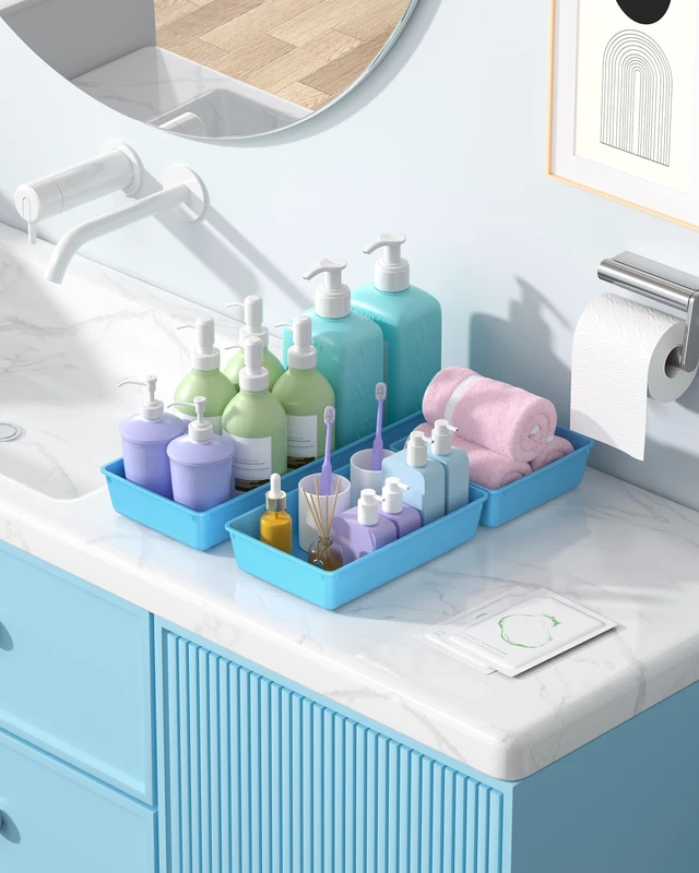 Alt view image 7 of 7 - 10 Pack Large Size Plastic Drawer Organizers Set, 3 Sizes Desk Drawer Organizer Trays, Storage Bins for Vanity, Makeup, Bathroom, Kitchen Utensils and Office (Blue)