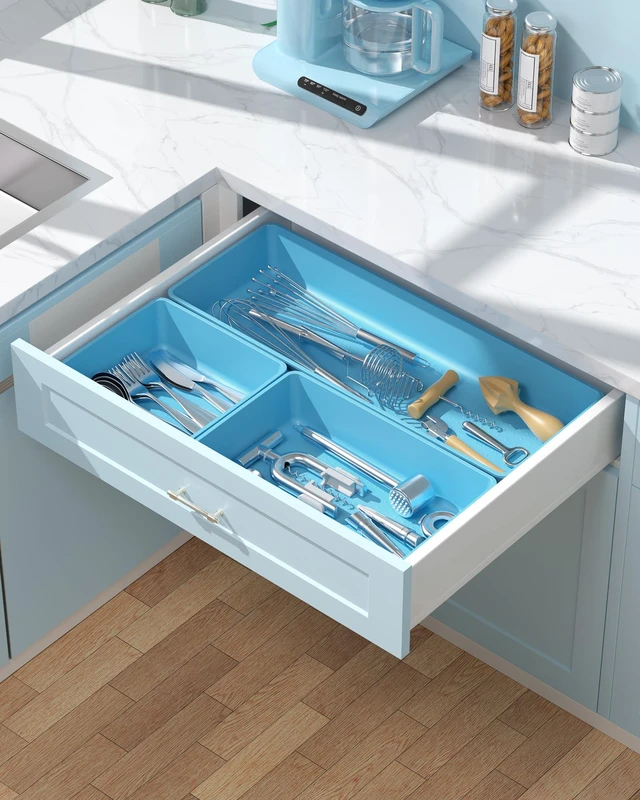 Alt view image 6 of 7 - 10 Pack Large Size Plastic Drawer Organizers Set, 3 Sizes Desk Drawer Organizer Trays, Storage Bins for Vanity, Makeup, Bathroom, Kitchen Utensils and Office (Blue)