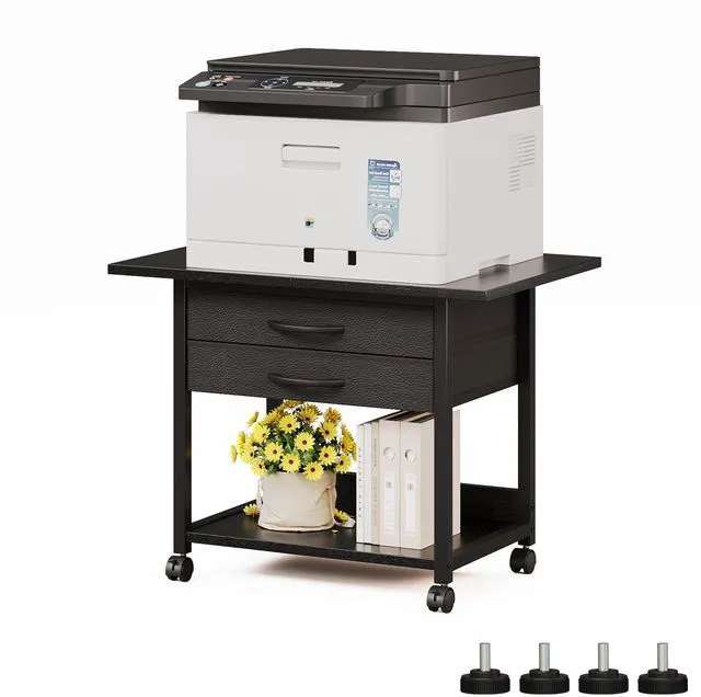 Main image of Large Printer Stand with Storage Fabric Drawer Under Desk Printer Table with Wheels for Home Office, Printer Cart fit Fax Machine Scanner 23.4"x15.7" (Black, 2 Tiers)