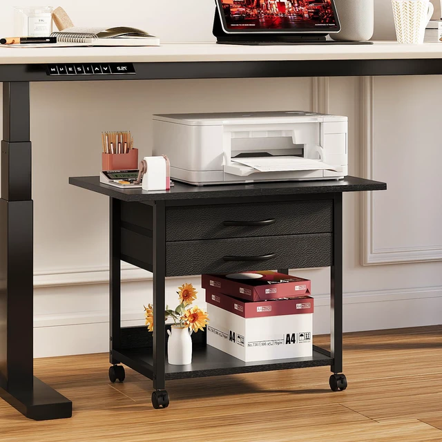 Alt view image 2 of 7 - Large Printer Stand with Storage Fabric Drawer Under Desk Printer Table with Wheels for Home Office, Printer Cart fit Fax Machine Scanner 23.4"x15.7" (Black, 2 Tiers)