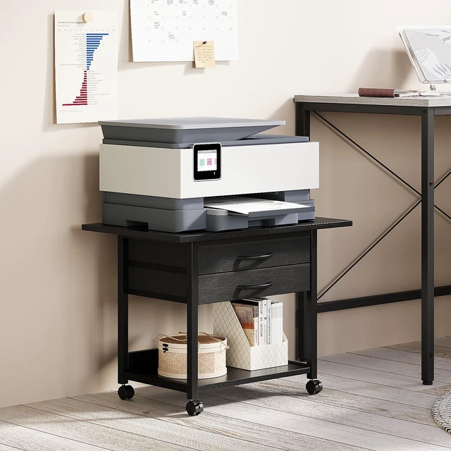 Alt view image 3 of 7 - Large Printer Stand with Storage Fabric Drawer Under Desk Printer Table with Wheels for Home Office, Printer Cart fit Fax Machine Scanner 23.4"x15.7" (Black, 2 Tiers)