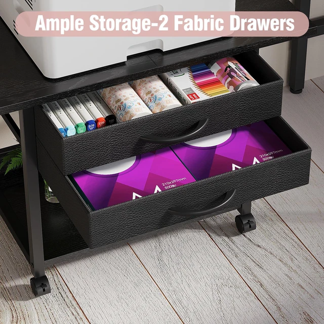 Alt view image 5 of 7 - Large Printer Stand with Storage Fabric Drawer Under Desk Printer Table with Wheels for Home Office, Printer Cart fit Fax Machine Scanner 23.4"x15.7" (Black, 2 Tiers)