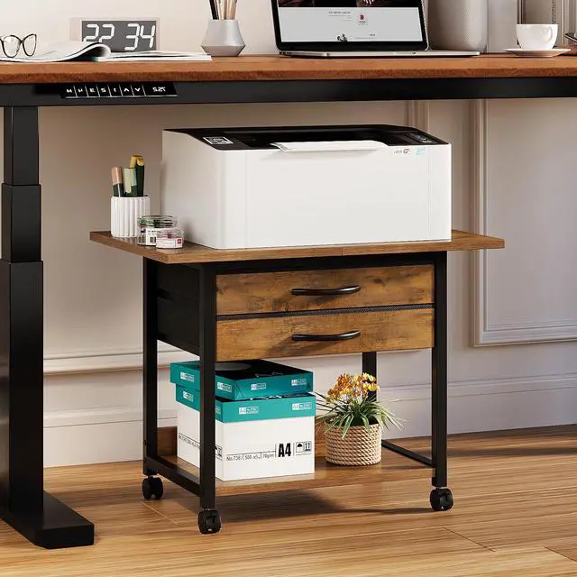 Alt view image 2 of 7 - Large Printer Stand with Storage Fabric Drawer Under Desk Printer Table with Wheels for Home Office, Printer Cart fit Fax Machine Scanner 23.4"x15.7"(Rustic Brown, 2 Tiers)
