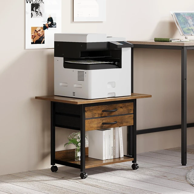 Alt view image 3 of 7 - Large Printer Stand with Storage Fabric Drawer Under Desk Printer Table with Wheels for Home Office, Printer Cart fit Fax Machine Scanner 23.4"x15.7"(Rustic Brown, 2 Tiers)