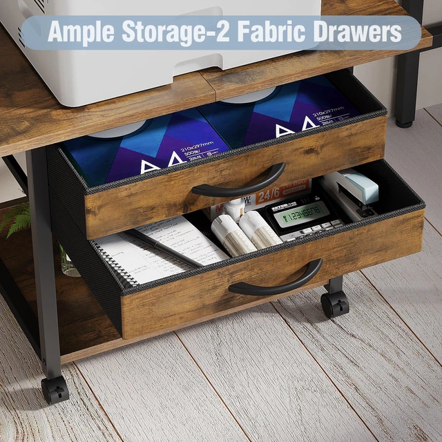 Alt view image 4 of 7 - Large Printer Stand with Storage Fabric Drawer Under Desk Printer Table with Wheels for Home Office, Printer Cart fit Fax Machine Scanner 23.4"x15.7"(Rustic Brown, 2 Tiers)