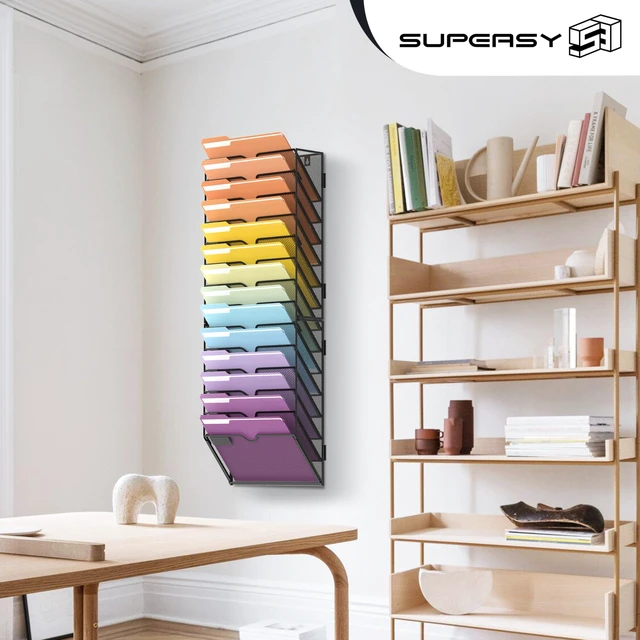 Alt view image 5 of 7 - 14-Tier Wall File Organizer, Mesh Hanging Wall Mount File Holder Paper, Folder, Magazine Rack Great for Office Home School, Assembly Needed, Black