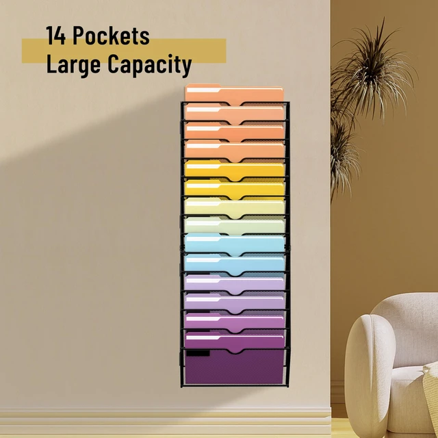 Alt view image 2 of 7 - 14-Tier Wall File Organizer, Mesh Hanging Wall Mount File Holder Paper, Folder, Magazine Rack Great for Office Home School, Assembly Needed, Black