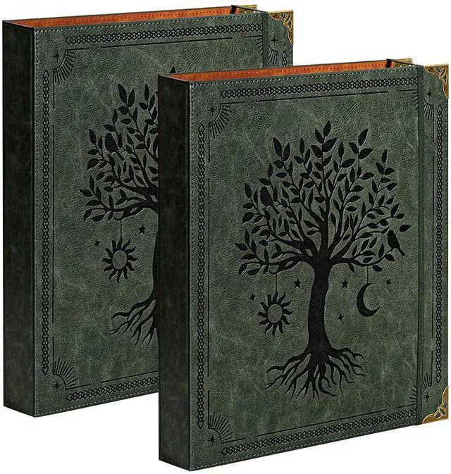 Main image of 2 Pack PU Leather D Ring Binder, 1.5 Inch Green Tree Fits 8.5x11 letter paper, holds 400 sheets, inner pockets, loose leaf organizer