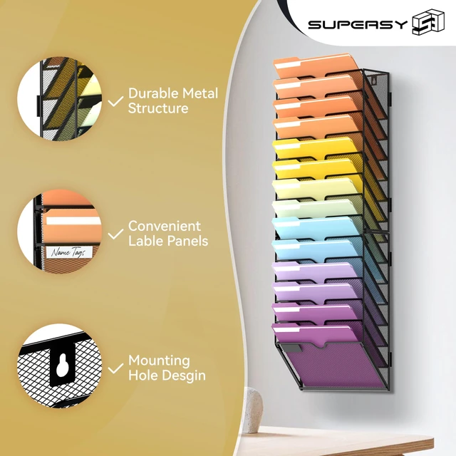 Alt view image 4 of 7 - 14-Tier Wall File Organizer, Mesh Hanging Wall Mount File Holder Paper, Folder, Magazine Rack Great for Office Home School, Assembly Needed, Black