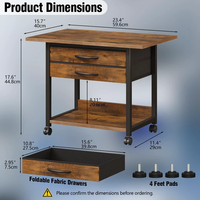 Alt view image 5 of 7 - Large Printer Stand with Storage Fabric Drawer Under Desk Printer Table with Wheels for Home Office, Printer Cart fit Fax Machine Scanner 23.4"x15.7"(Rustic Brown, 2 Tiers)