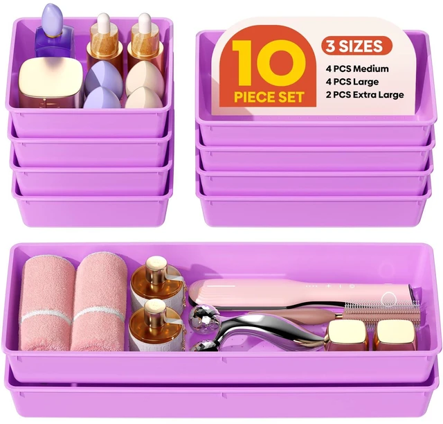Main image of 10 Pack Large Size Plastic Drawer Organizers Set, 3 Sizes Desk Drawer Organizer Trays, Storage Bins for Vanity, Makeup, Bathroom, Kitchen Utensils and Office (Purple)