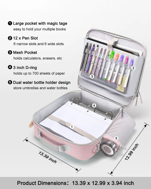 Alt view image 3 of 7 - 3 Inch 3-Ring Zipper Binder with Water Bottle Holder and Handle D-Ring Zip Up Binder with Shoulder Strap, 700 Sheet Capacity, Compatible with 13" MacBook/Tablet, for School, Office, Pink