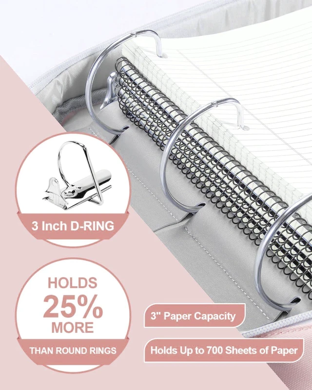 Alt view image 7 of 7 - 3 Inch 3-Ring Zipper Binder with Water Bottle Holder and Handle D-Ring Zip Up Binder with Shoulder Strap, 700 Sheet Capacity, Compatible with 13" MacBook/Tablet, for School, Office, Pink