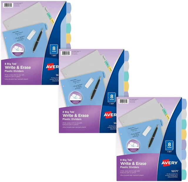 Main image of ® Write & Erase Plastic Dividers, 8-Tab, Multicolor, 3 Sets For Organizing Reports and Presentations, Reusable Write-On Tabs, Big Tab Wider Insertable Design, Tear-Resistant Plastic