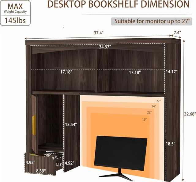 Alt view image 2 of 3 - Desk Hutch Shelf Desktop Shelf, Wooden Desk Hutch with Storage Desktop Bookshelf with Cabinet & Drawer Desk Organizer, Space-Saving Organization, Over Desk Shelf for Home, Dorm, Walnut
