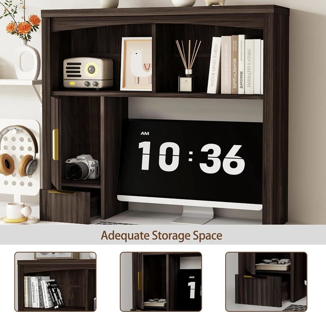Alt view image 3 of 3 - Desk Hutch Shelf Desktop Shelf, Wooden Desk Hutch with Storage Desktop Bookshelf with Cabinet & Drawer Desk Organizer, Space-Saving Organization, Over Desk Shelf for Home, Dorm, Walnut